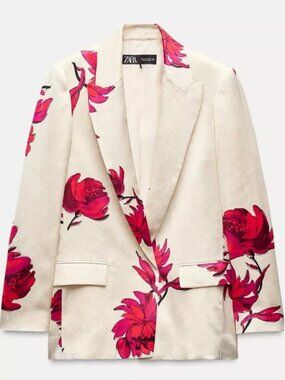 NWT Zara SS24 White Red Floral Print Satin Effect Blazer XS 8092/155